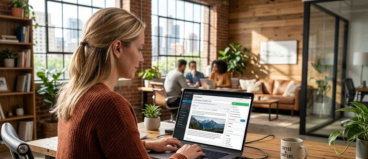 Realistická fotografie správce webu při úpravě obsahu v přehledném rozhraní redakčního systému.