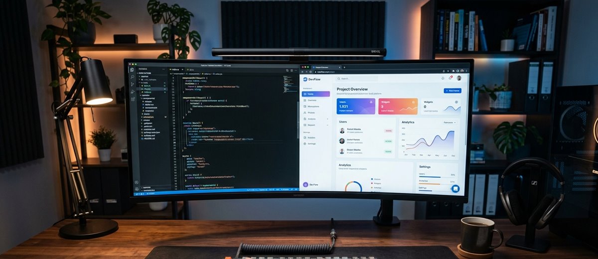 Realistický snímek pracoviště vývojáře při psaní kódu a stavbě webu na míru.