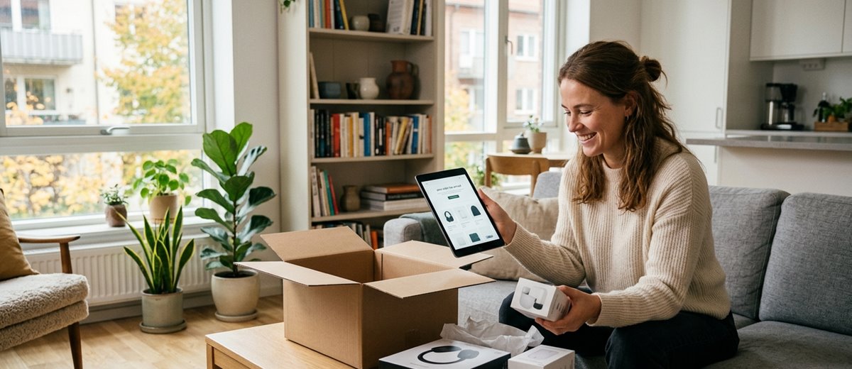 Realistická fotografie spokojené zákaznice rozbalující doručenou objednávku z e-shopu v pohodlí domova.