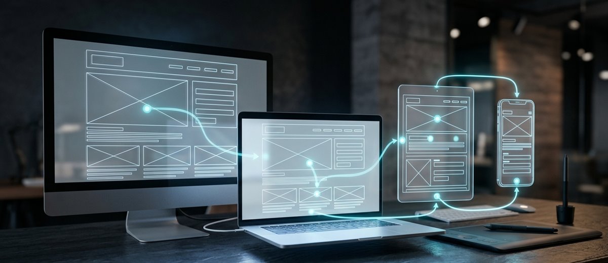 Fotorealistická metafora uživatelského auditování, responzivního designu a optimalizace konverzních cest při redesignu webu.