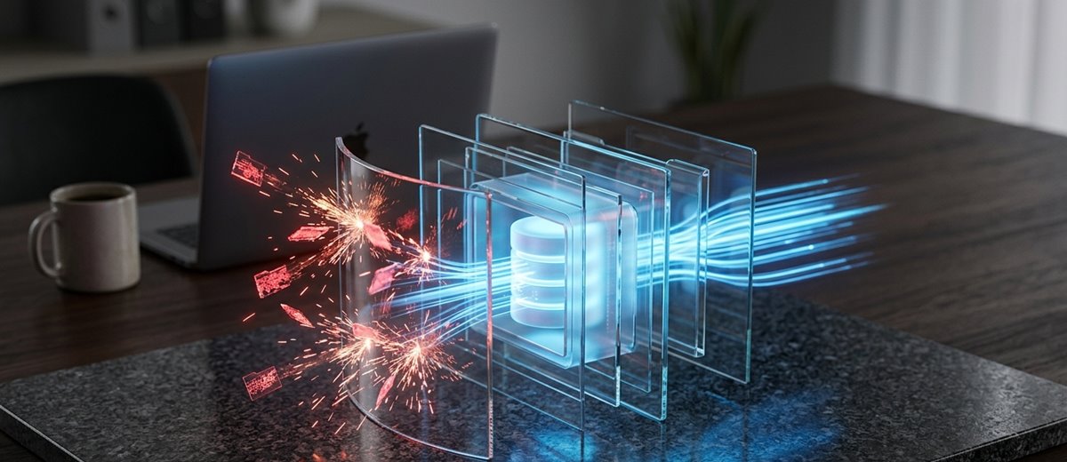 Fotorealistická metafora vrstvené bezpečnosti webu ukazující firewall filtrující škodlivé útoky od bezpečných dat.