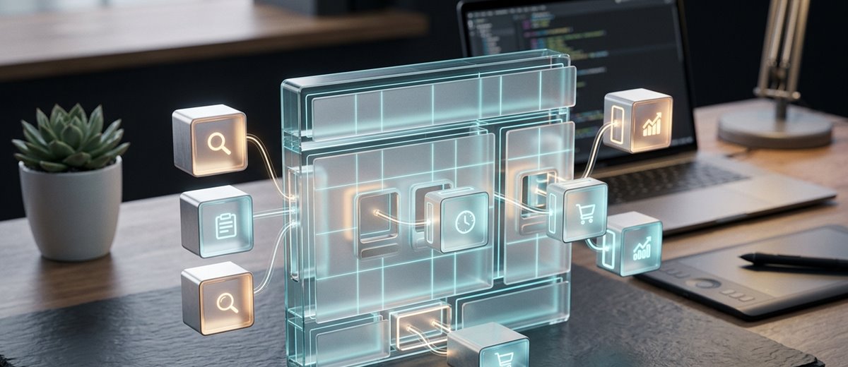Fotorealistická metafora modulární architektury WordPressu, šablony a propojení rozšiřujících pluginů.