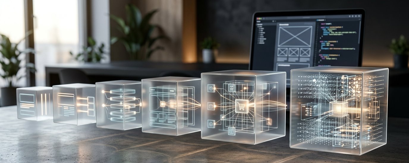 Fotorealistická metafora zobrazující různé typy webových projektů podle jejich složitosti a architektury.