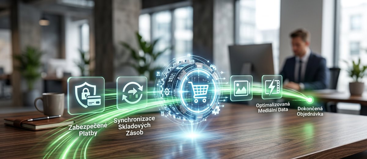 Fotorealistická metafora e-commerce řešení na WooCommerce zaměřená na rychlost načítání a zpracování objednávek.
