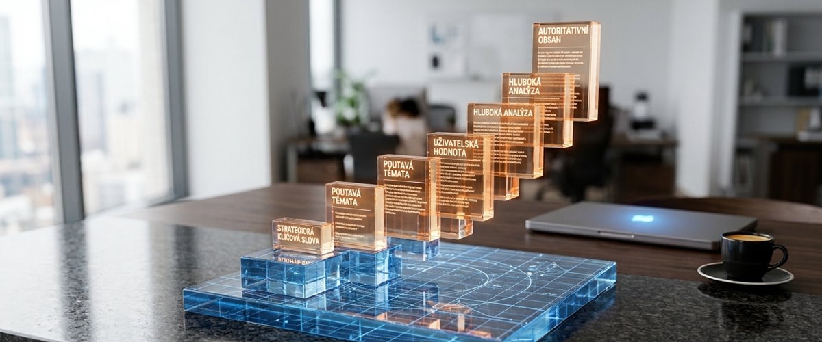 Fotorealistická metafora zobrazující technický základ SEO a růst organické návštěvnosti díky kvalitnímu obsahu.