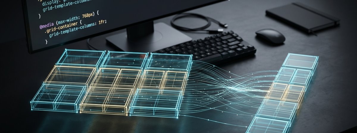 Fotorealistická technická metafora responzivního designu ukazující transformaci mřížky webu z desktopového rozvržení do mobilního sloupce.