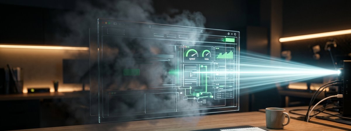 Fotorealistická metafora SEO optimalizace zobrazená jako světelný kužel odkrývající skrytou strukturu a výkon webu.