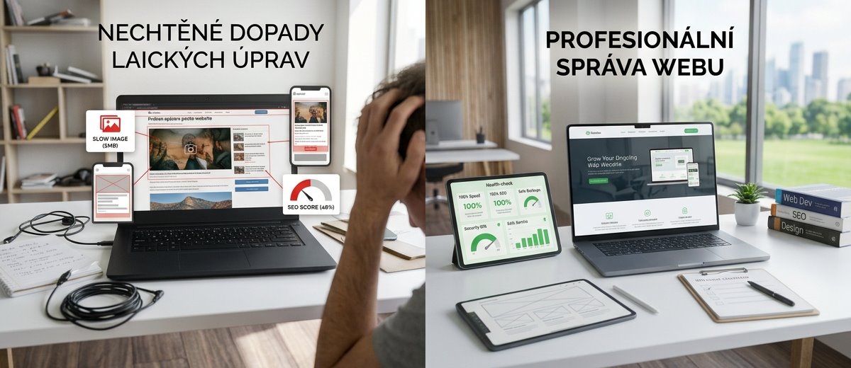 Fotorealistické srovnání nechtěných chyb při laické úpravě webu a profesionální správy webu s garancí rychlosti a SEO.