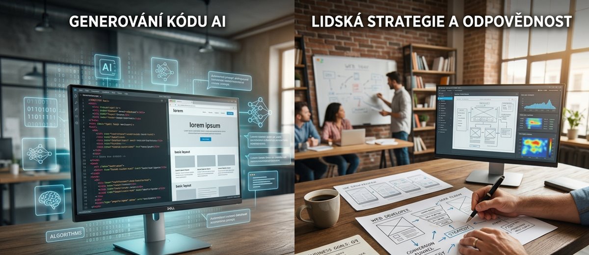 Fotorealistické srovnání rychlého AI generování kódu a lidské strategie webdevelopera nad modelem a analytikou.