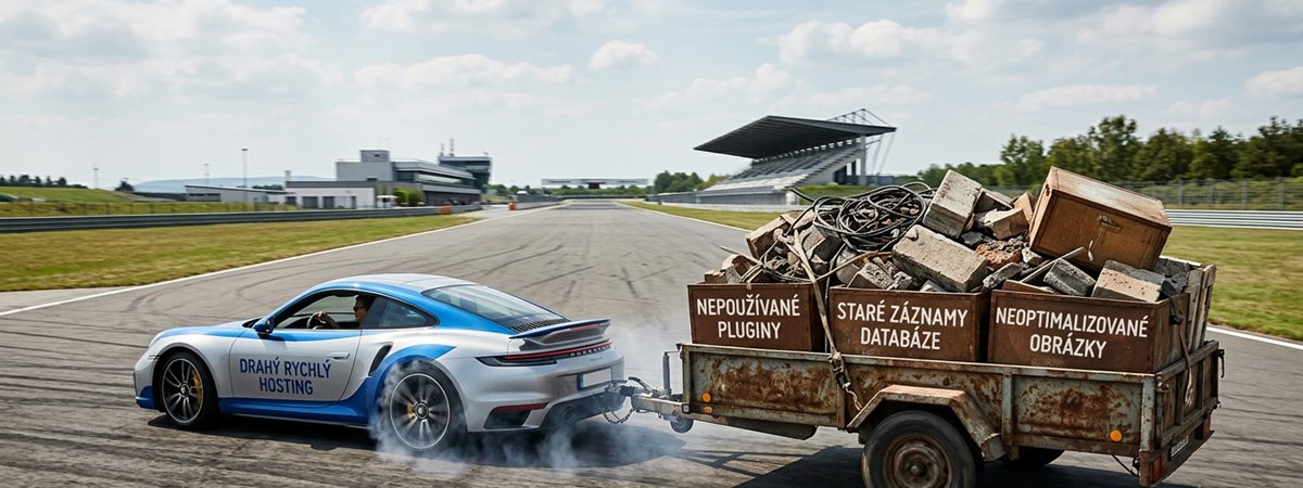 Fotorealistická metafora drahého hostingu u pomalého webu. Sportovní auto táhnoucí těžký přívěs plný datového balastu.