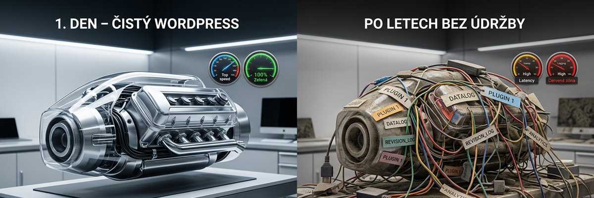 Fotorealistická metafora zpomalování WordPressu. Čistý rychlý motor vs. motor zanesený zbytečnou kabeláží a pluginy.