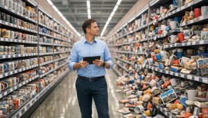 Porovnání organizovaného a chaotického regálu v obchodě jako metafora pro správně nastavené kategorie a atributy produktů v e-shopu.