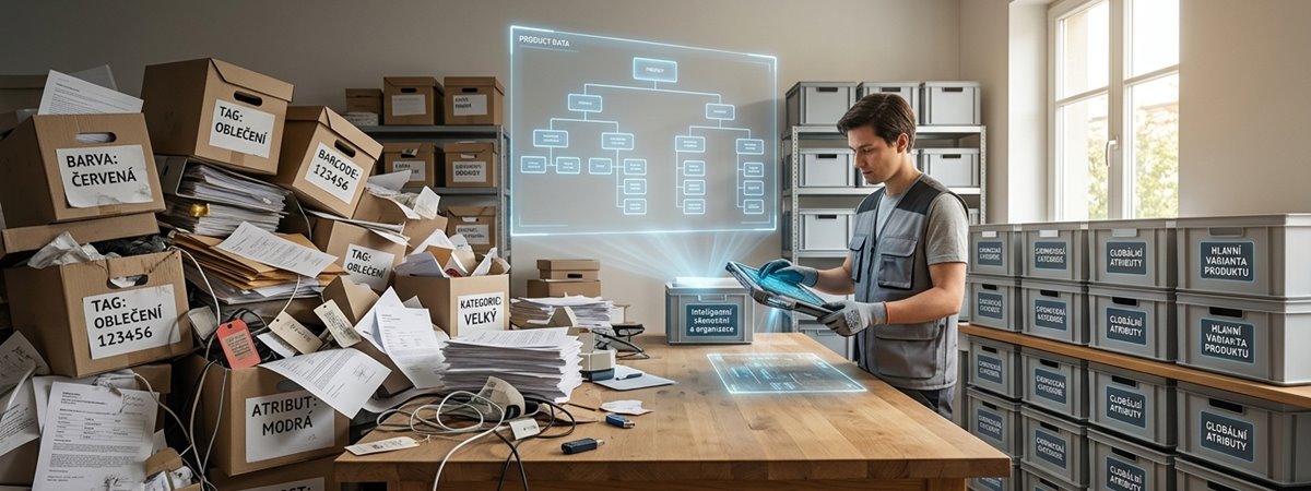 Fotorealistická metafora generálního úklidu dat v e-shopu. Člověk přeměňuje chaotické papíry s atributy na organizovaný digitální systém.