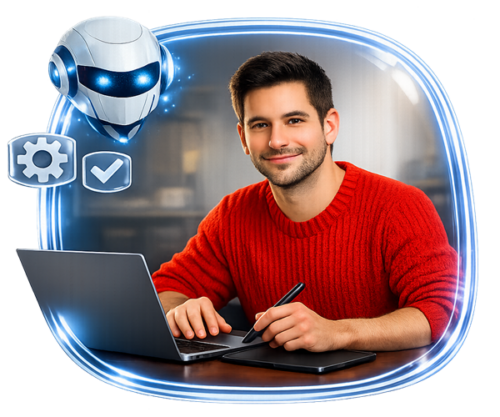 Specialista na tvorbu webových stránek v červeném svetru pracující na notebooku s pomocí holografického AI asistenta.