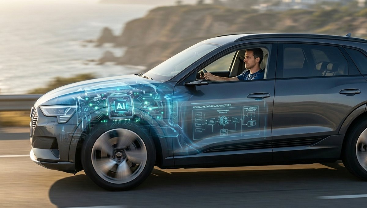 Boční pohled na jedoucí auto, které řídí webdeveloper Prowebo a průhledná kapota odhaluje technologický AI motor. Metafora AI tvorby webu.