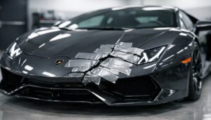 Metafora pro levnou a neúčinnou opravu starého e-shopu nebo webu pomocí izolepy na luxusním autě.