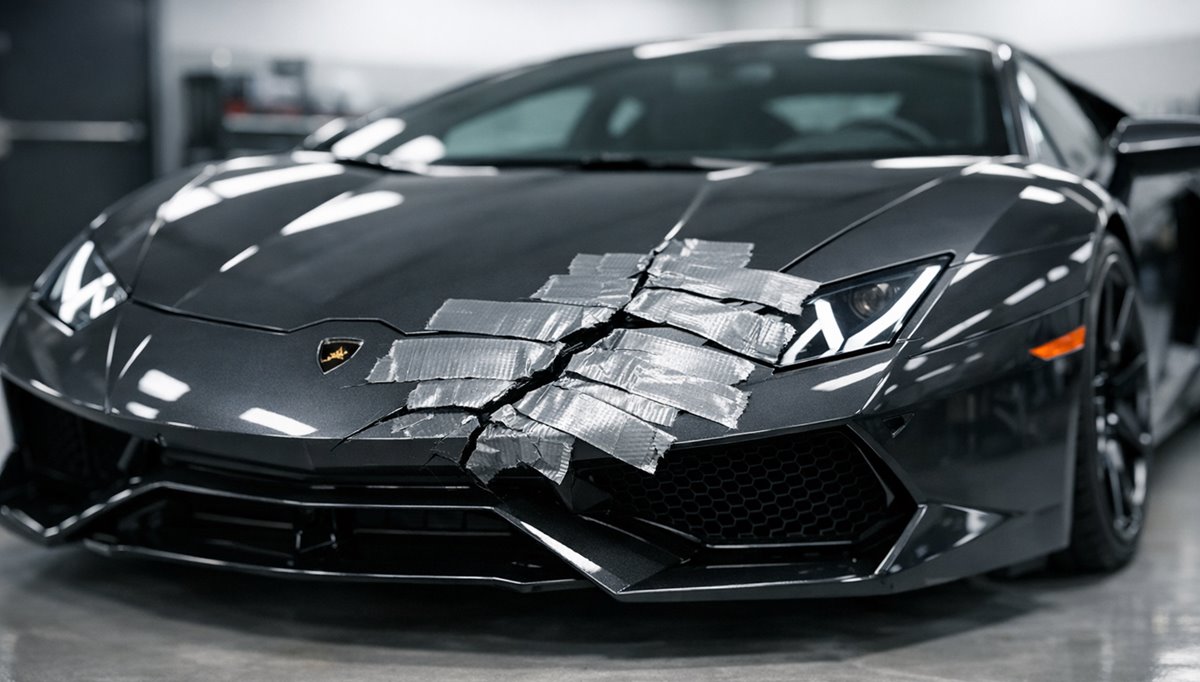 Metafora pro levnou a neúčinnou opravu starého e-shopu nebo webu pomocí izolepy na luxusním autě.