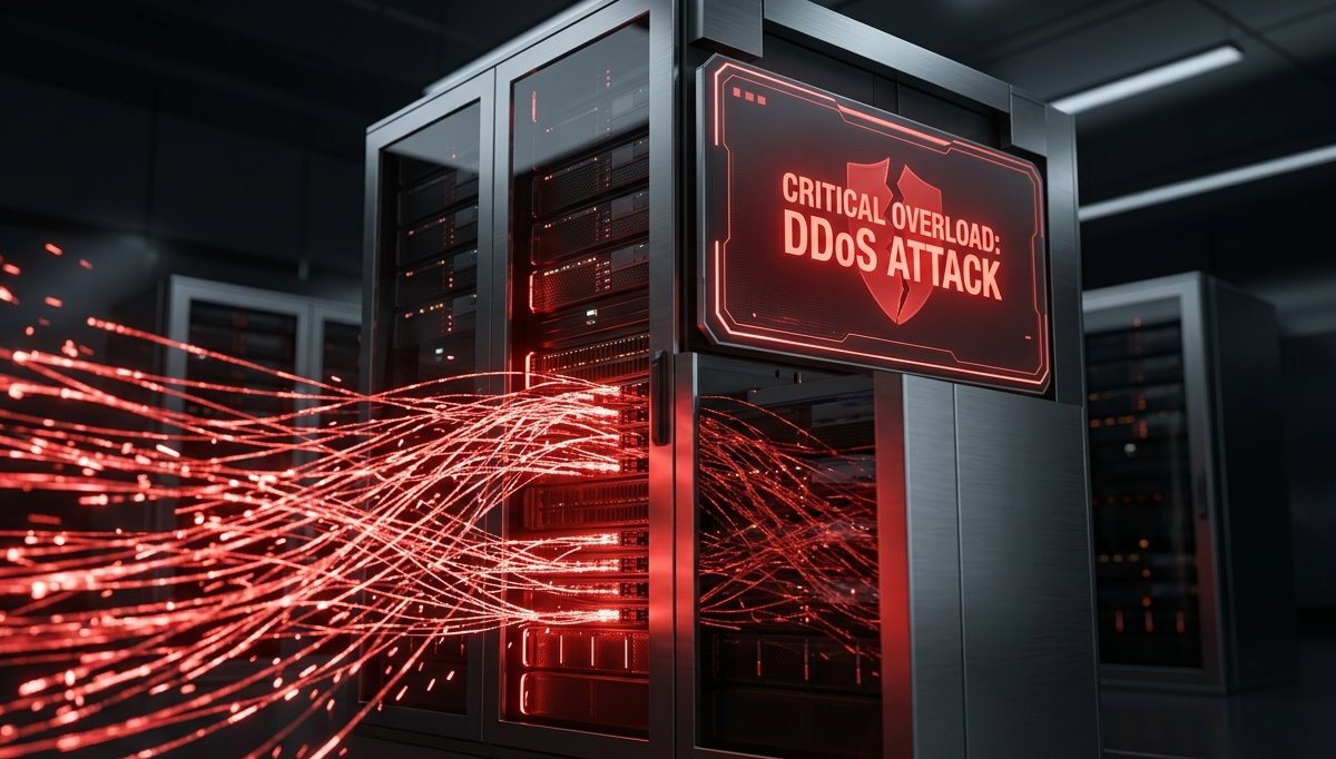 Detailní 3D render serveru přetíženého masivním DDoS útokem s červeným varovným signálem