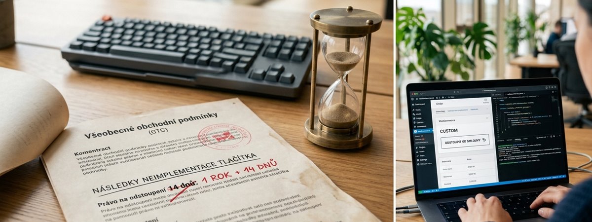 Právní dokument s textem Následky neimplementace tlačítka a zvýrazněnou lhůtou 1 rok a 14 dnů vedle přesýpacích hodin.