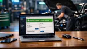 Aktualizace WordPressu jako garanční prohlídka – notebook s administrací webu a auto v servisu