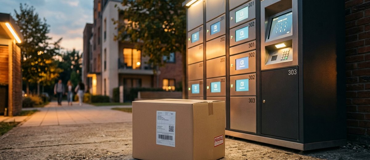 Balík před výdejním boxem znázorňující doručení objednávky přes výdejní místo